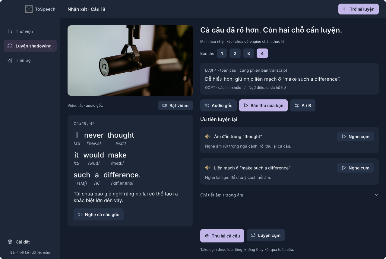 Màn hình review câu của ToSpeech với nhận xét, IPA và các lượt thu